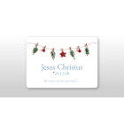 Postkarte mit runden Ecken, weihnachtlich dekoriert. Text: „Jesus Christus *24.12.00 – Wir freuen uns über die Geburt