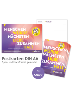 Postkarte 14,8 x 10,5 cm: „Für alle. Mit Herz und Verstand“, 50er Bündelung