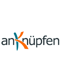 Logo Anknüpfen mit K als Grossbuchstabe in den Farben blau und orange