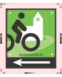 Schild Radwegskirche mit Pfeil nach links